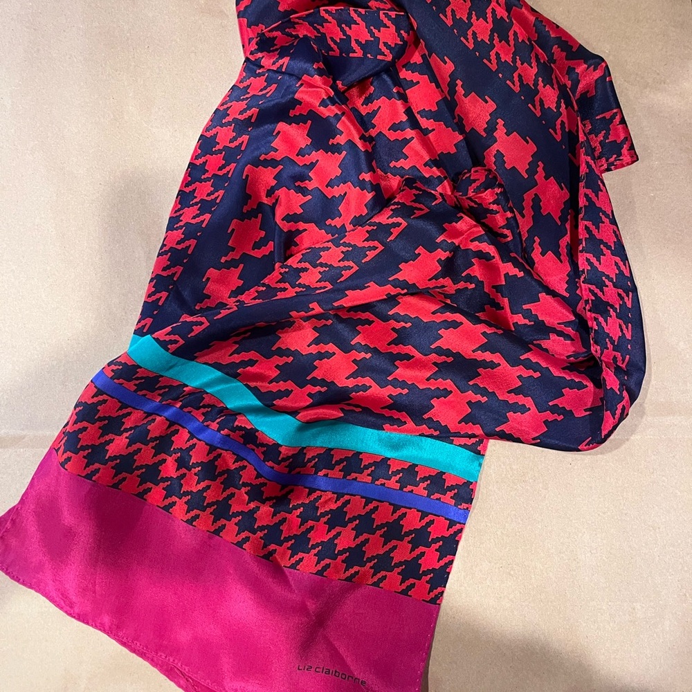 Liz Claiborne Houndstooth Silk Oblong Scarf Navy Blue Red Pink Turquoise Purple